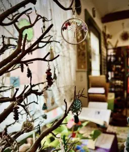 closeup of earring tree with shop in background