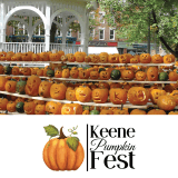 rows of pumpkins set up in front of a white gazebo, logo with pumpkin on bottom