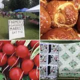 collage of eggs, radishes, bread, lettuce, and market sign