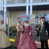 Four youth perform The Taming of the Shrew outside in period costumes