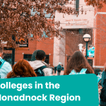 Four students with backpacks head to a university building