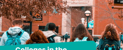 Four students with backpacks head to a university building