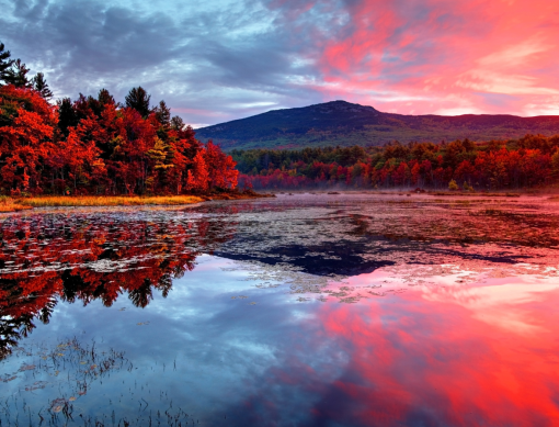 a red sunset colors the sky around Mount Monadnock